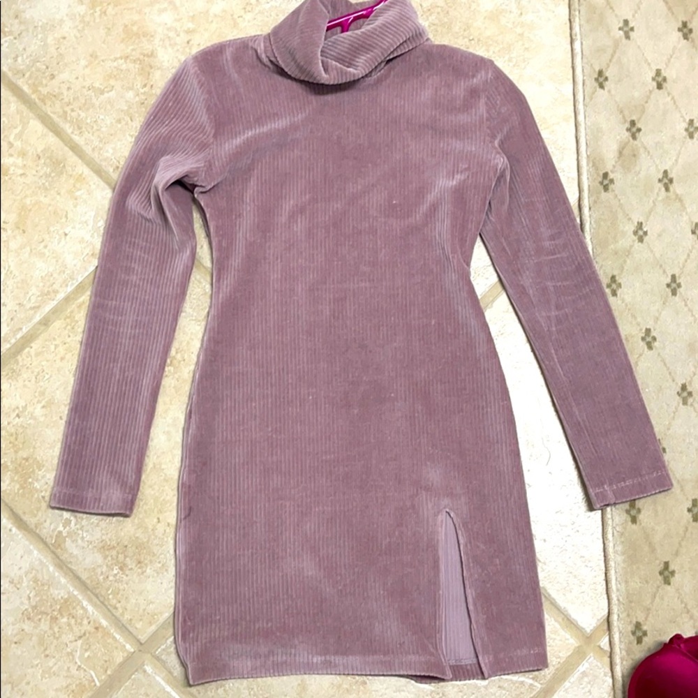 Pink Turtleneck Ribbed Dress